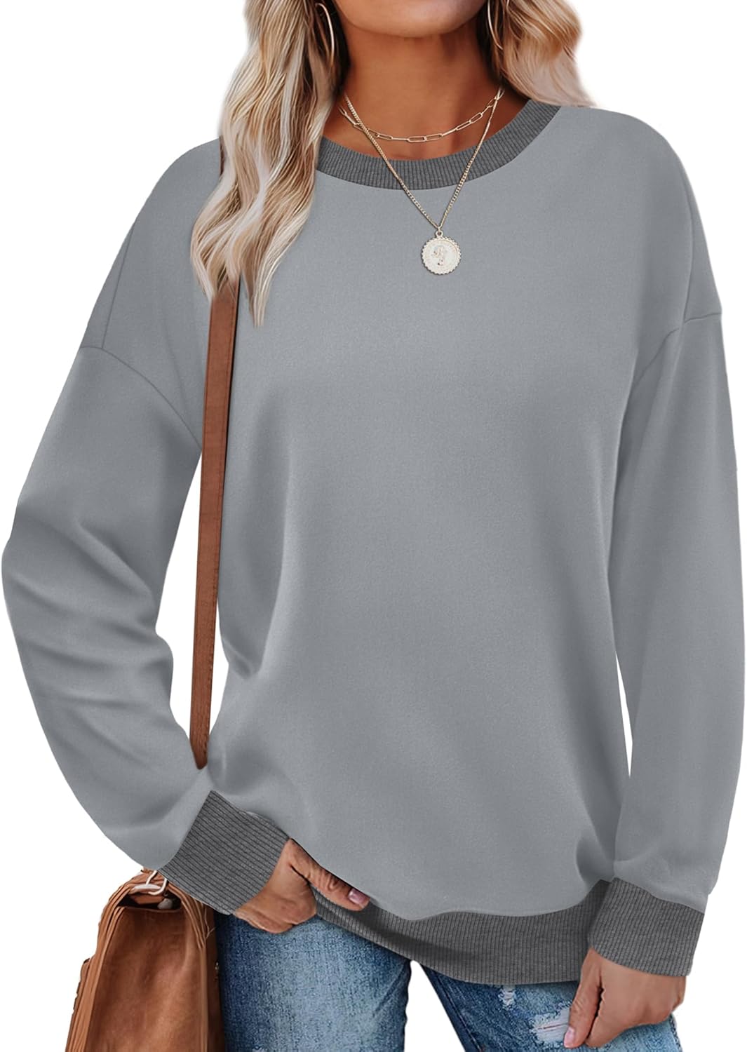 Saloogoe Sweatshirts for Women Crewneck Long Sleeve Loose Fit Tops Color Block Ribbed Trim Fashion 2025