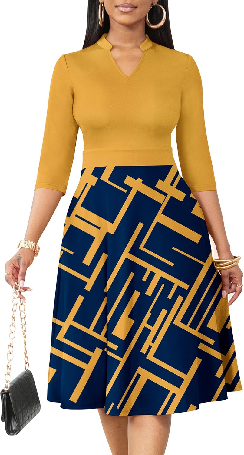 Nmoder Casual Dresses for Women Semi Formal Fit and Flare 3/4 Sleeve A-line Church Work Dress with Pockets