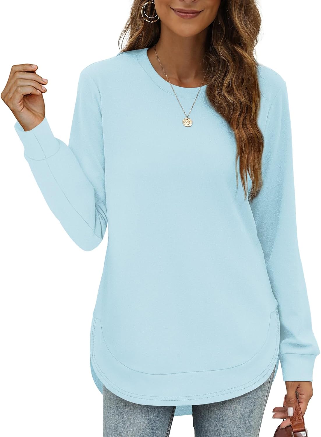 OFEEFAN Womens Sweatshirt Crewneck Long Sleeve Shirts High Low Tops Curved Hem