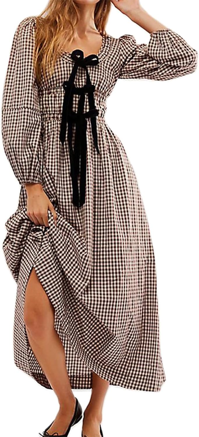 Women Plaid Maxi Dress Long Puff Sleeve Square Neck Flowy Boho Dress Bow Tie Smocked Fall Dresses