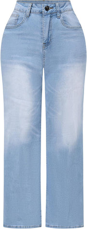 THUNDER STAR Womens High Waisted Wide Leg Jeans Stretchy Distressed Denim Pants