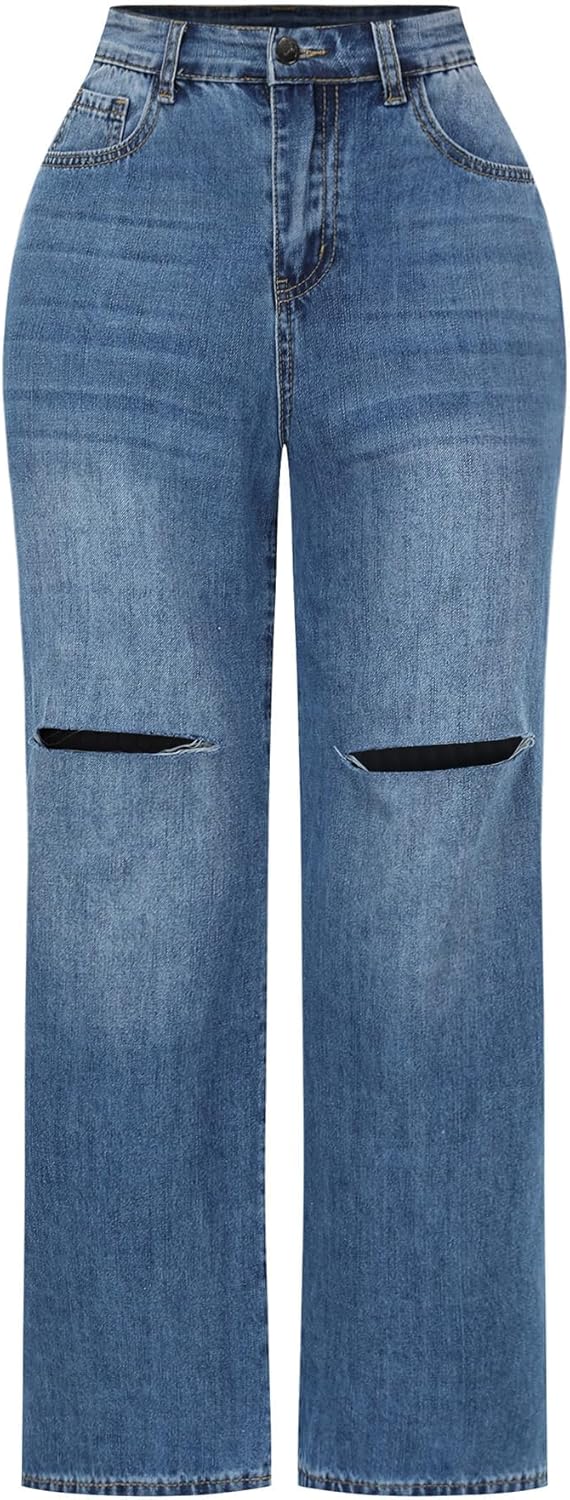 THUNDER STAR Womens High Waisted Wide Leg Jeans Stretchy Distressed Denim Pants