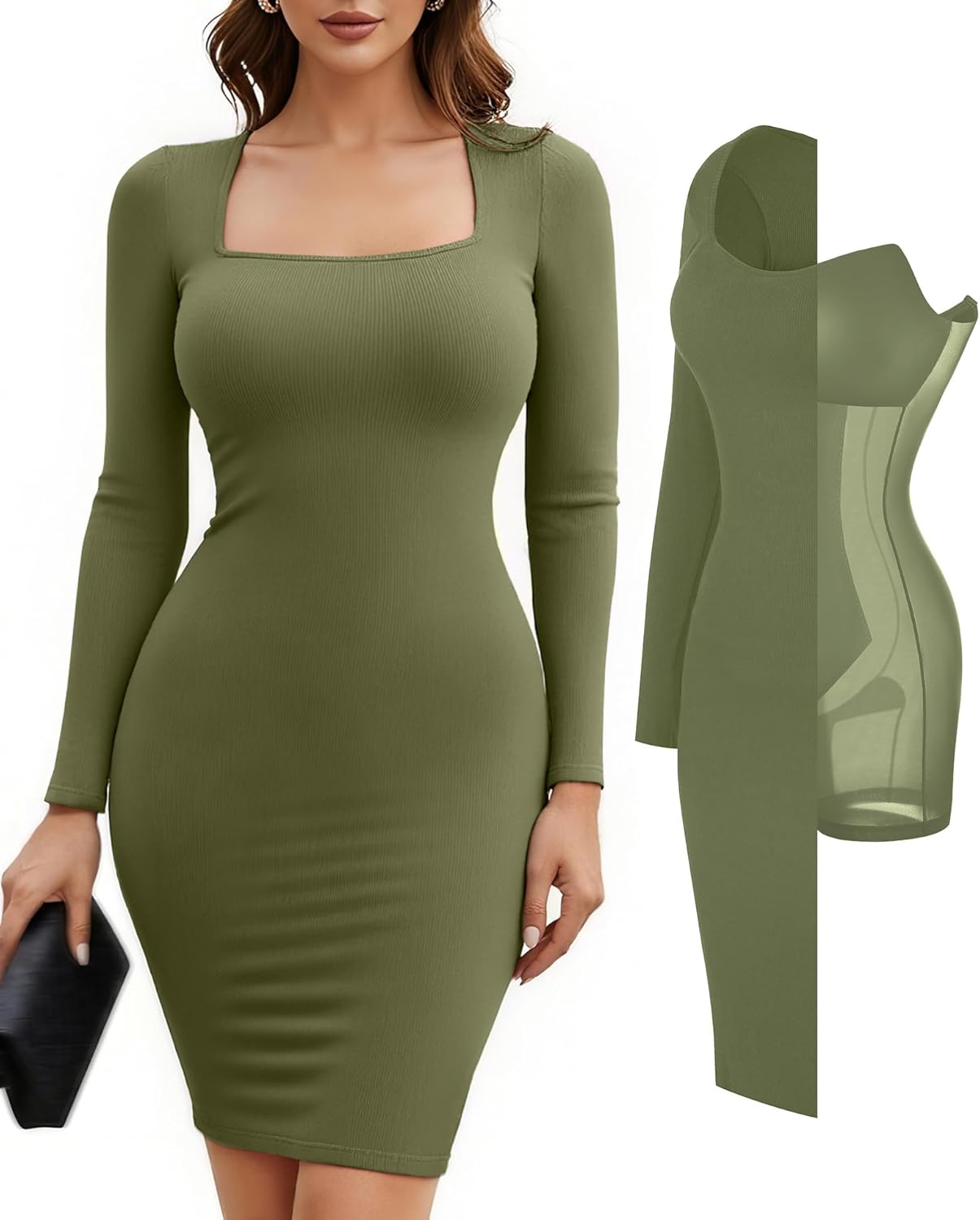 Popilush Dress Long Sleeve Midi Bodycon Dresses for Women Square Neck Shapewear Tummy Control Built-in Bra Party