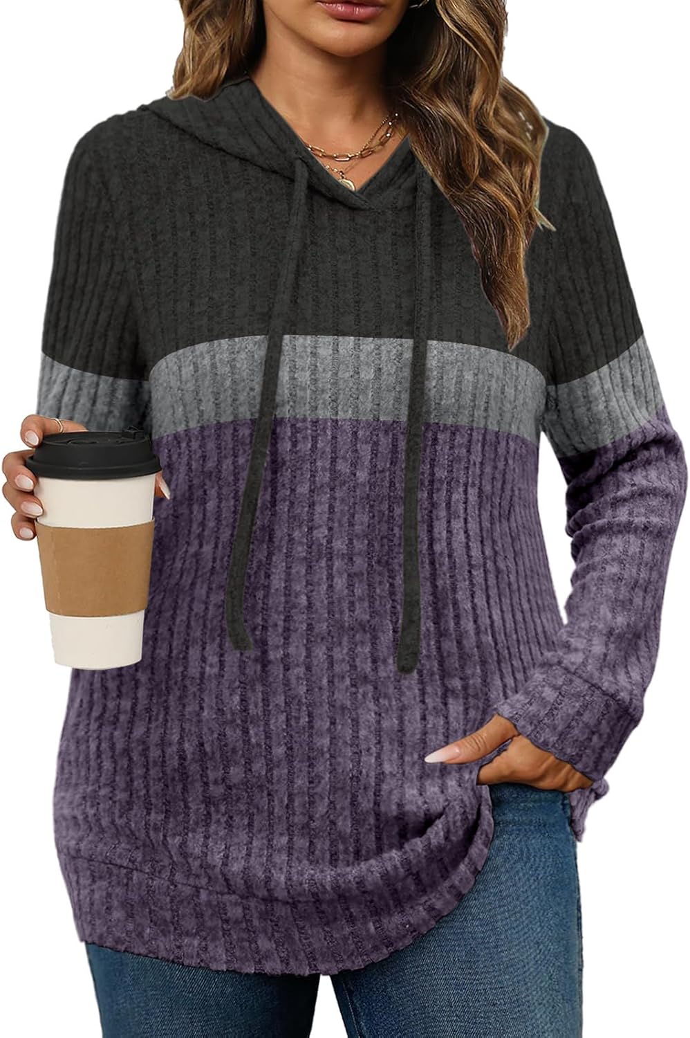 Womens Plus Size Lightweight Ribbed Knit Hoodie Sweaters Casual Long Sleeve Pullover Tops for Fall Winter L-4XL