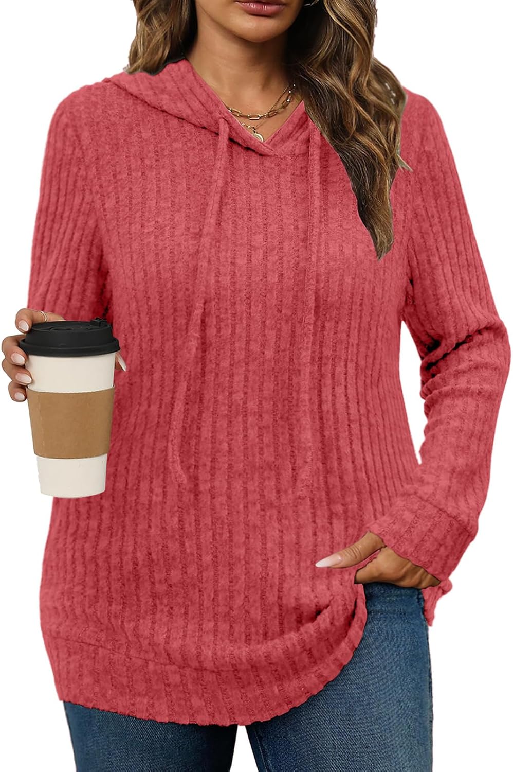 Womens Plus Size Lightweight Ribbed Knit Hoodie Sweaters Casual Long Sleeve Pullover Tops for Fall Winter L-4XL