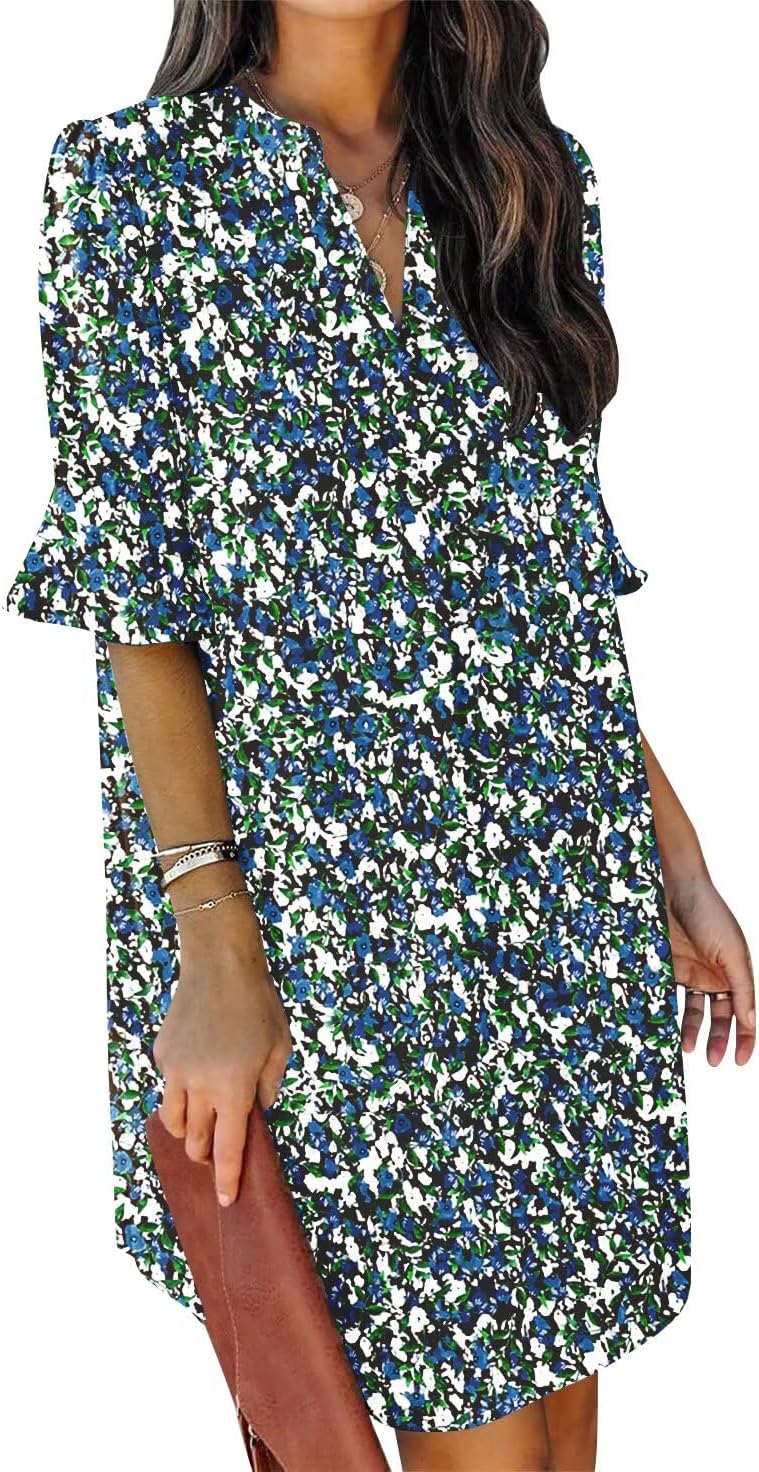 QACOHU Summer Dresses for Women V Neck Ruffle Short Sleeve Casual Shift Dress