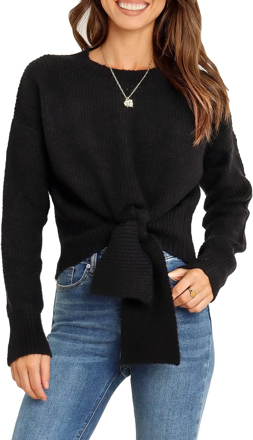 Okiwam Women's Long Sleeve Cropped Sweaters Casual Knit Pullover Tie Front Crew Neck Fall Outfits Fashion Clothes 2025