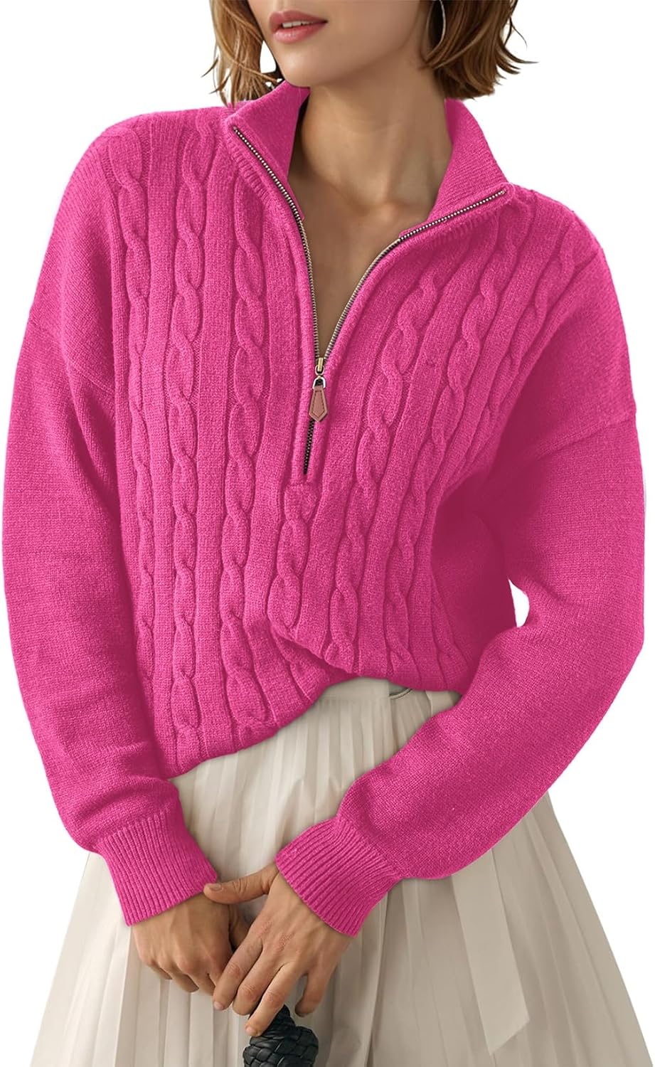 Dokotoo Women's Sweaters 2025 Fall Winter Quarter Zip Casual Ribbed Cable Knit Pullover