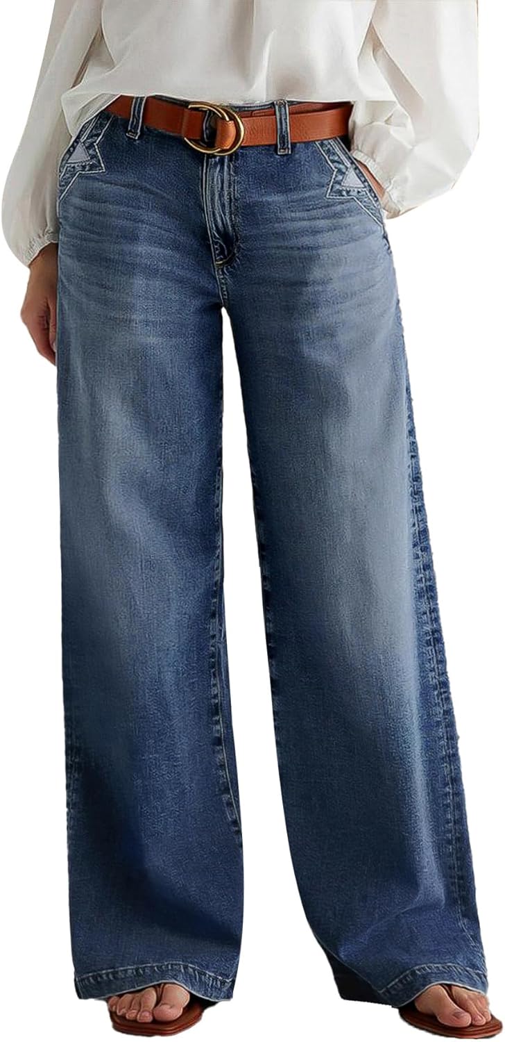 Flamingals Wide Leg Jeans for Women Mid Waist Baggy Stitch Decor Denim Washed Pants Without Belt