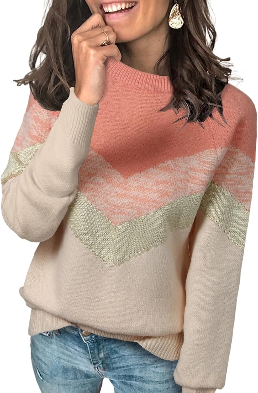 Dokotoo Womens Color Block Sweaters Long Sleeve Crewneck Pullover Knit Jumper Tops