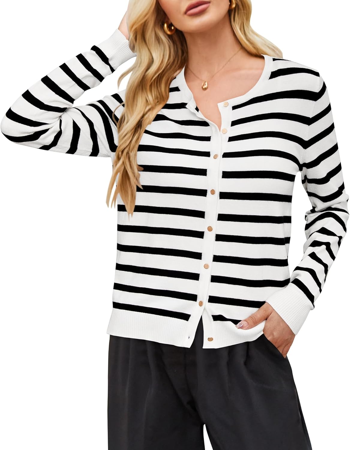 Newshows Women's Lightweight Button Down Cardigan Long Sleeve Casual Crew Neck Soft Knit Cardigans Sweater Tops