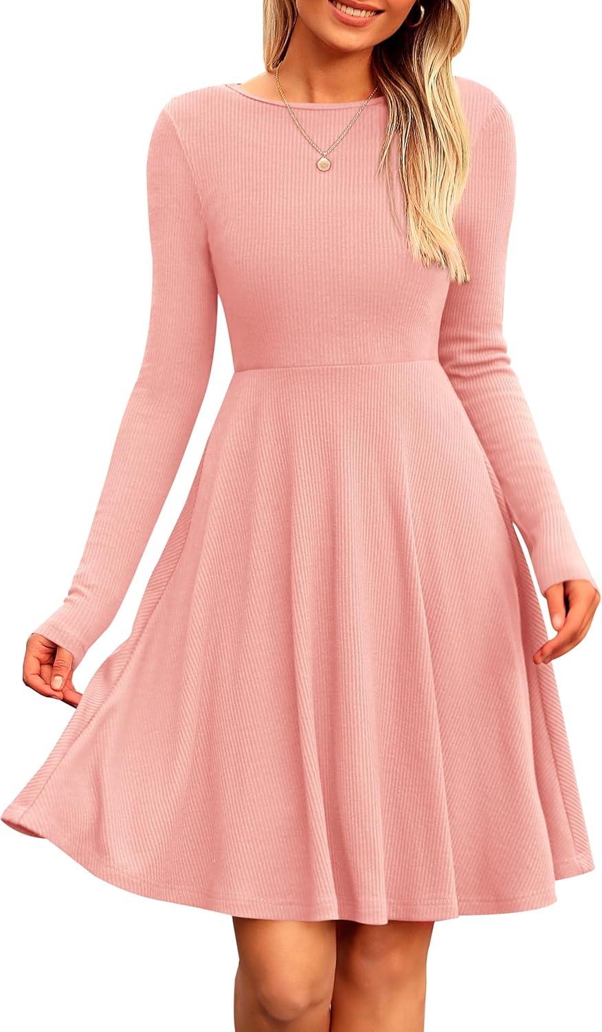 PRETTYGARDEN Women's Fall Short Dress Ribbed Knit Crewneck Long Sleeve A Line Flowy Casual Elegant Going Out Winter Dresses