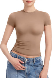 PUMIEY Women's Crew Neck Short Sleeve Tops Double Lined Slim Fit T Shirts Basic Tee Smoke Cloud Pro Collection