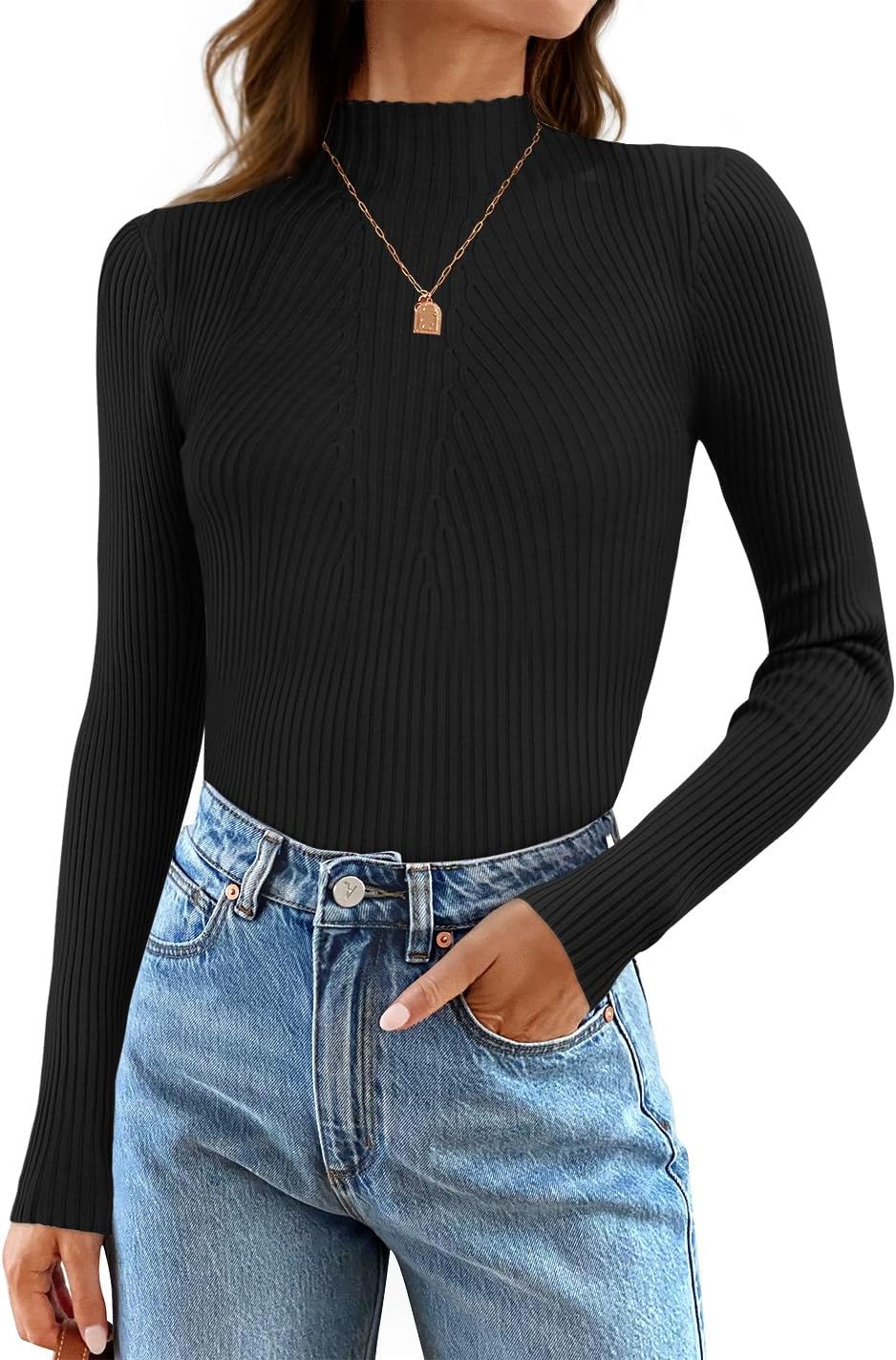 ZESICA Women's 2025 Fall Long Sleeve Turtleneck T Shirt Ribbed Knit Sweater Slim Fit Basic Casual Tee Tops