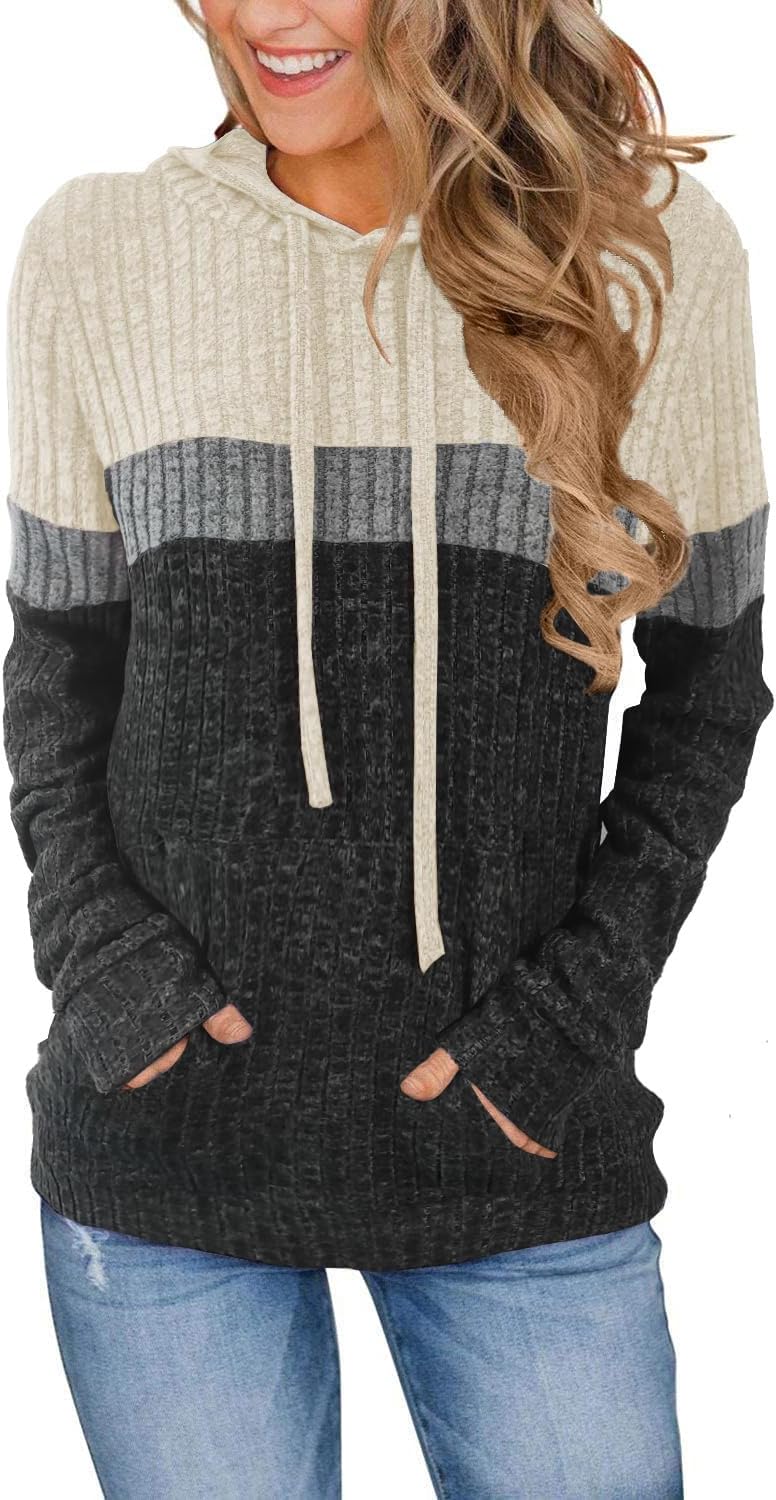 MixShe Women’s Color Block Knit Hoodie – Casual Long Sleeve Pullover Sweater Tops with Pocket