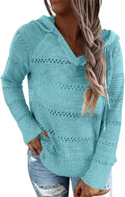 BLENCOT Women Color Block Hooded Crochet Striped Sweaters Lightweight Drawstring Hoodies Pullover Trendy Sweatshirts