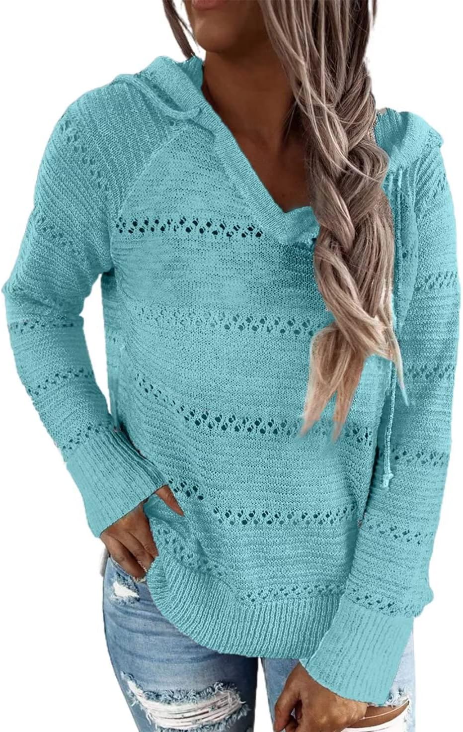 BLENCOT Women Color Block Hooded Crochet Striped Sweaters Lightweight Drawstring Hoodies Pullover Trendy Sweatshirts