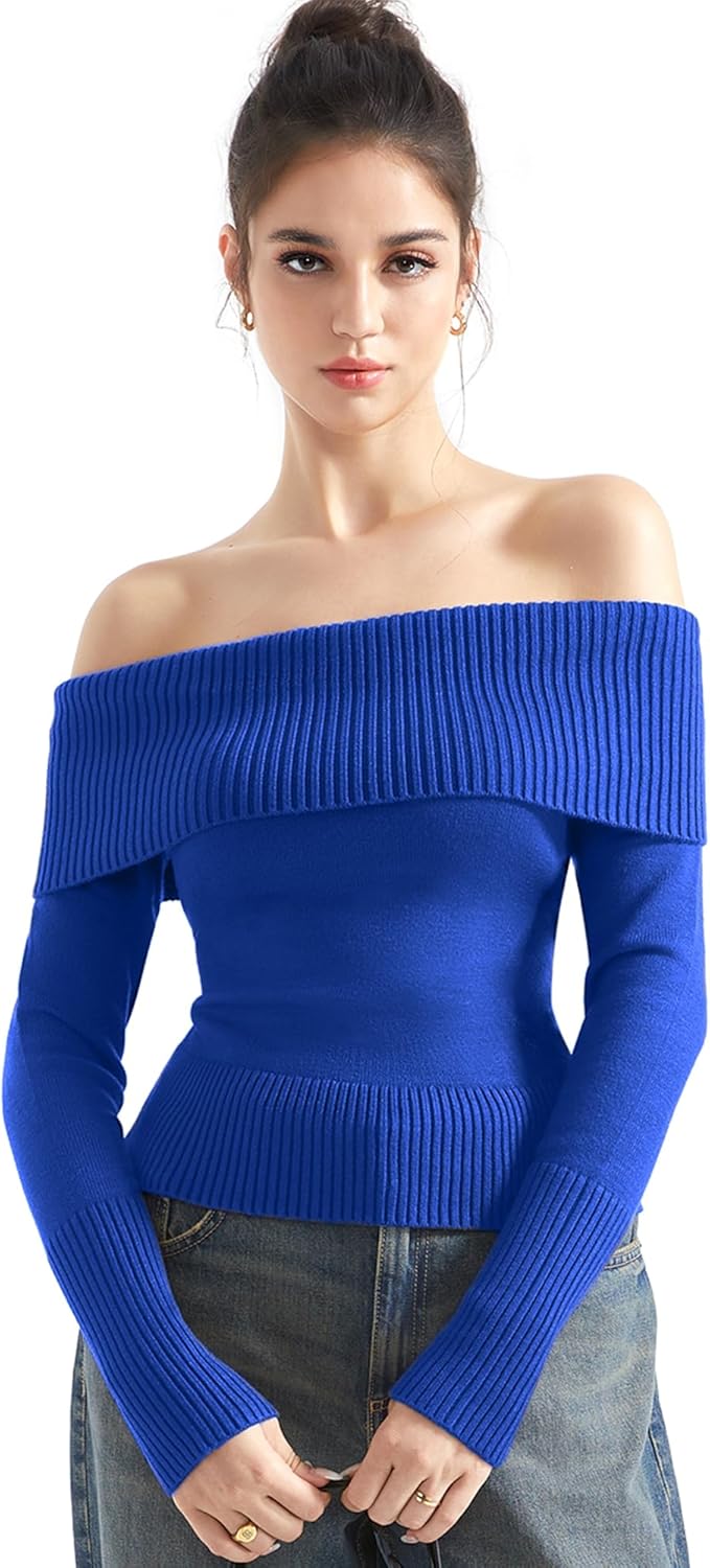 SUUKSESS Women Off Shoulder Sweaters Long Sleeve Ribbed Knit Going Out Fall Tops Blouse