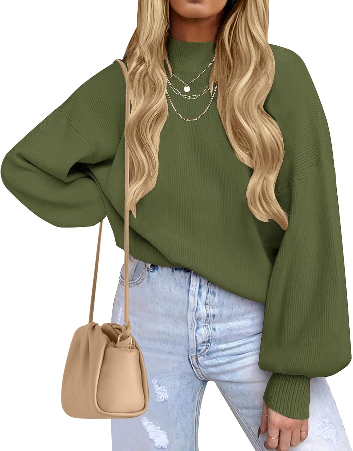 ZESICA Women's Casual Turtleneck Long Lantern Sleeve Fall 2025 Oversized Ribbed Knit Pullover Sweater Jumper Top