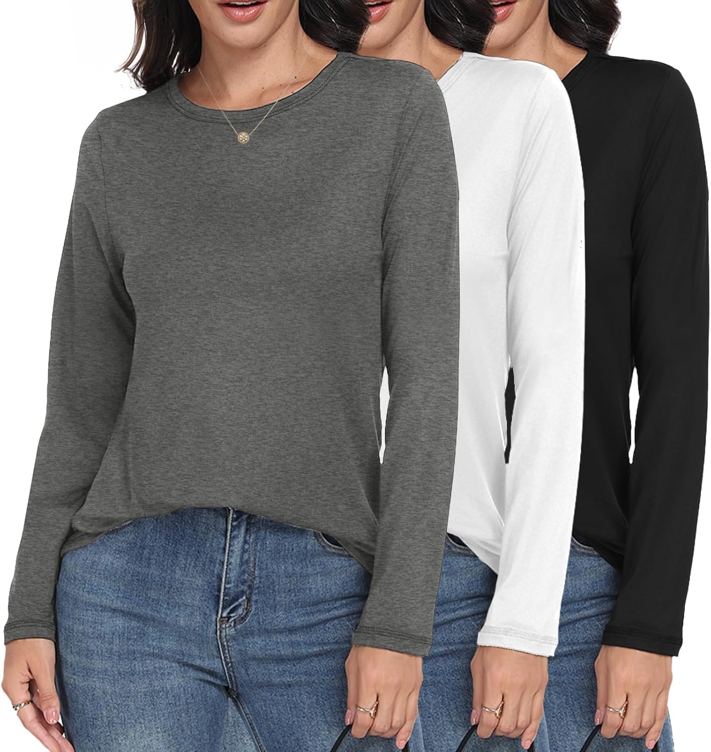 GAYHAY 3 Pack Long Sleeve Shirts for Women - Loose Fit Crew Neck Basic Tees Fall Tops Outfits Casual Clothes 2025