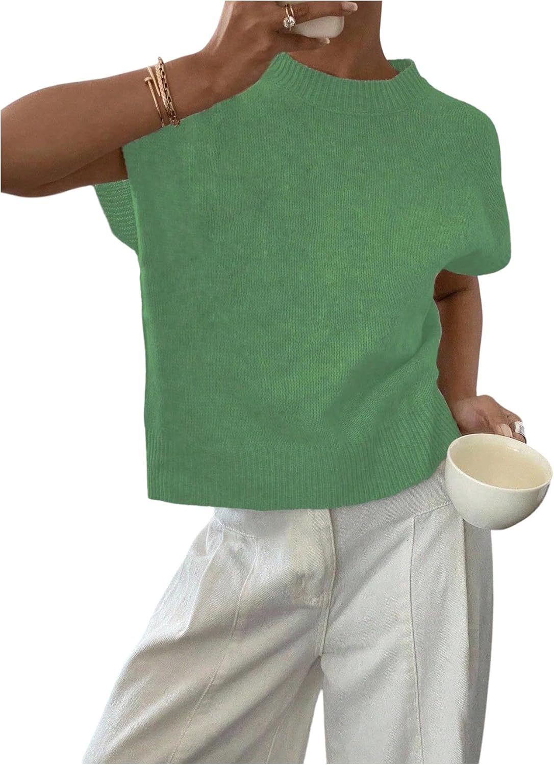 SOLY HUX Women's Ribbed Sweater Crew Neck Short Sleeve Loose Fit Floral Knit Pullover Tops