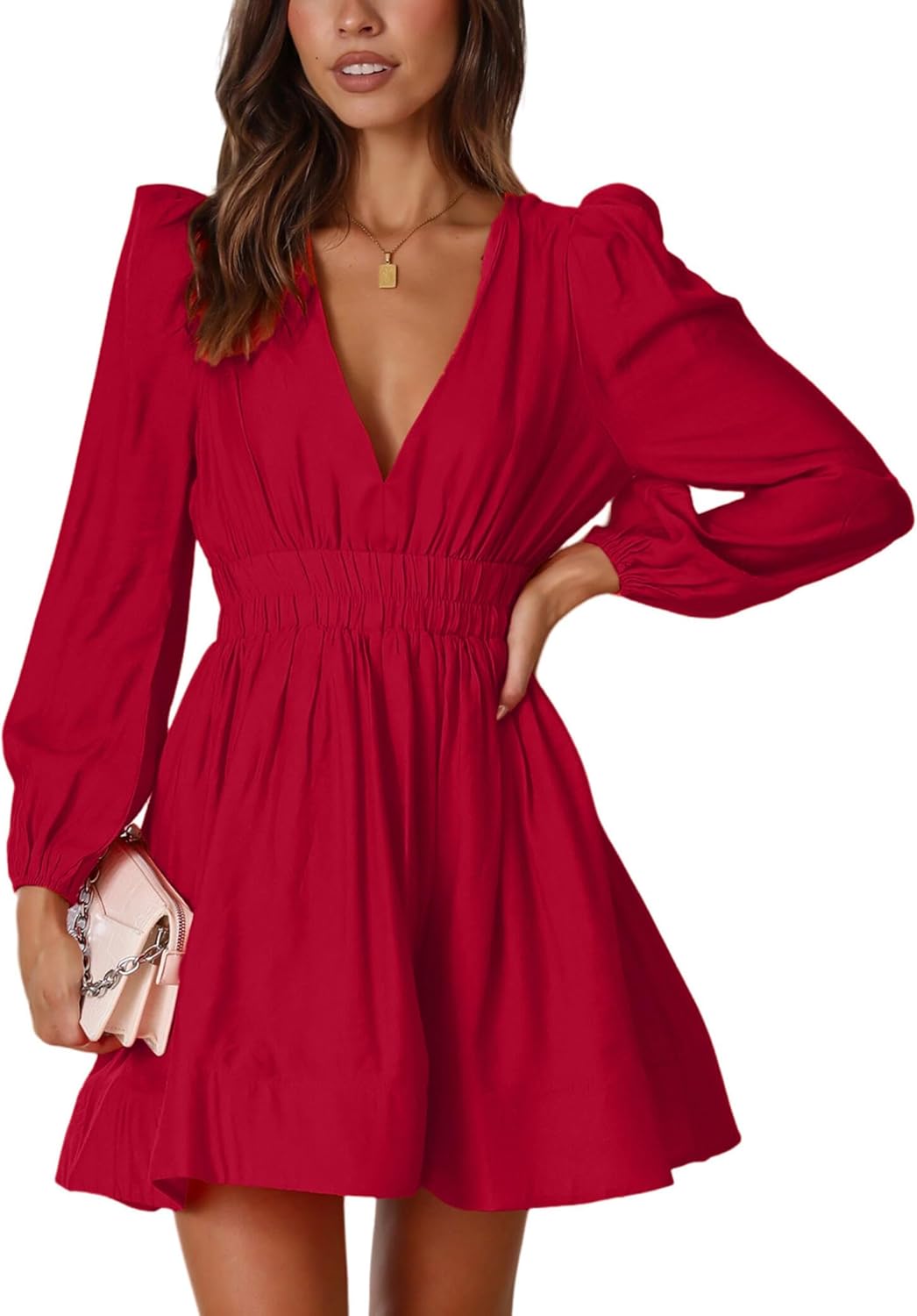 FAIABLE Mini Deep V Sexy Long Sleeve Dress for Women A-line High Waisted Casual Flowy Dress for Cocktail Wedding Guest
