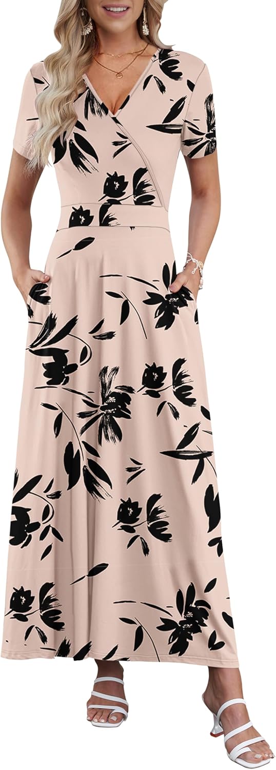 AUSELILY Maxi Dresses for Women Ankle Length Floral Print Beach Long Flowy Dress with Pockets
