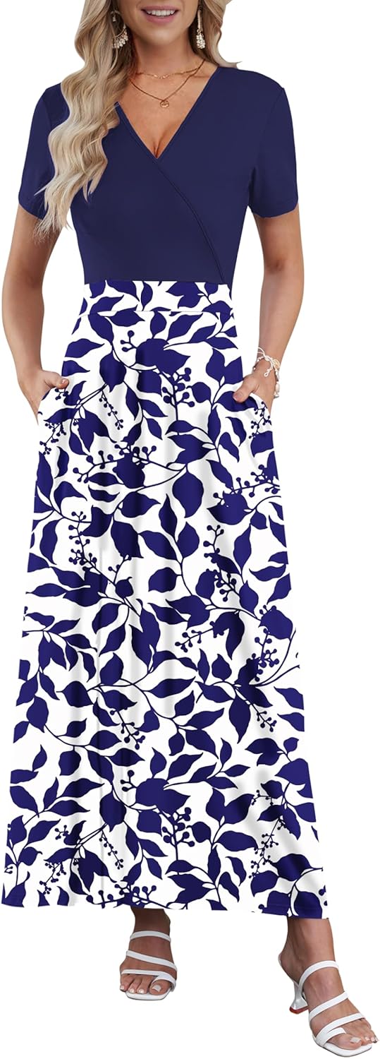AUSELILY Maxi Dresses for Women Ankle Length Floral Print Beach Long Flowy Dress with Pockets