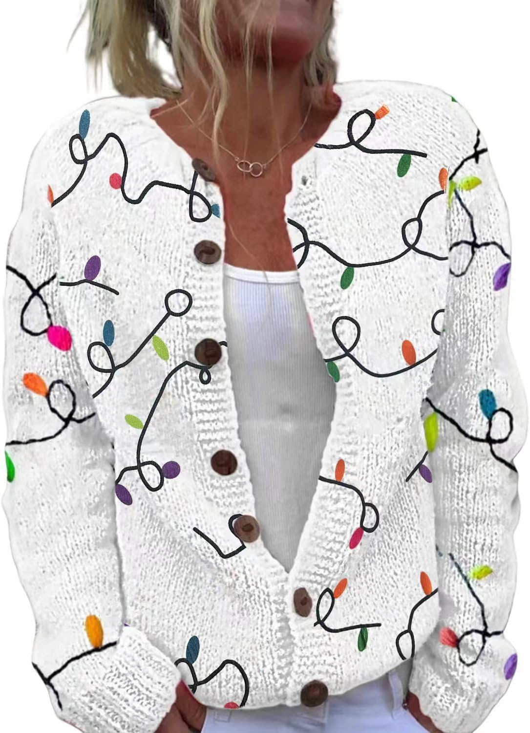 Women's Funny Fall Winter Animal Floral Christmas Tree Long Sleeve Button Knit Cardigan Sweater