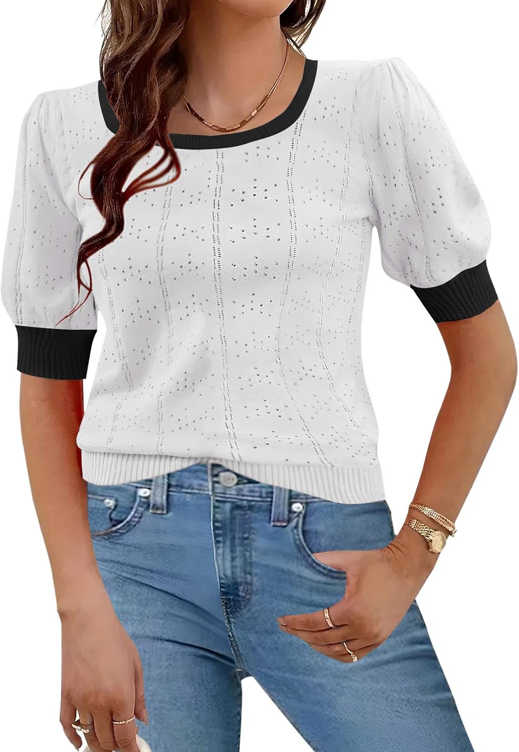 HOTOUCH Sweaters for Women 2025 Fall Trendy Tops Casual Puff Sleeve Square Neck Cute Tunic Pullover Blouses XS-XXL