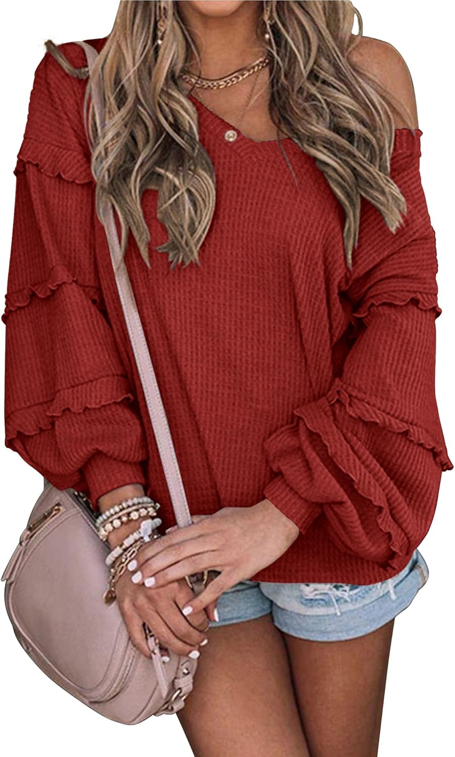 BTFBM Women's V Neck Long Sleeve Blouse Loose Fit Tunics Ruffles Off Shoulder Waffle Knit Solid Color Tops Fall Tee Shirts