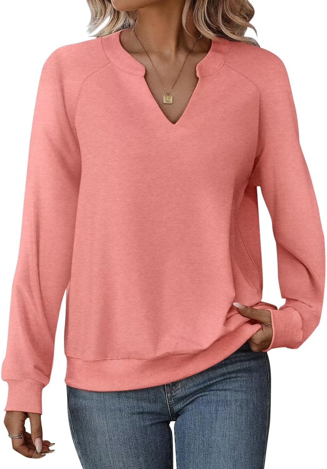 EADINVE Women Casual Long Sleeve V Neck Sweatshirts Cute Loose Fit Lightweight Pullover Tops