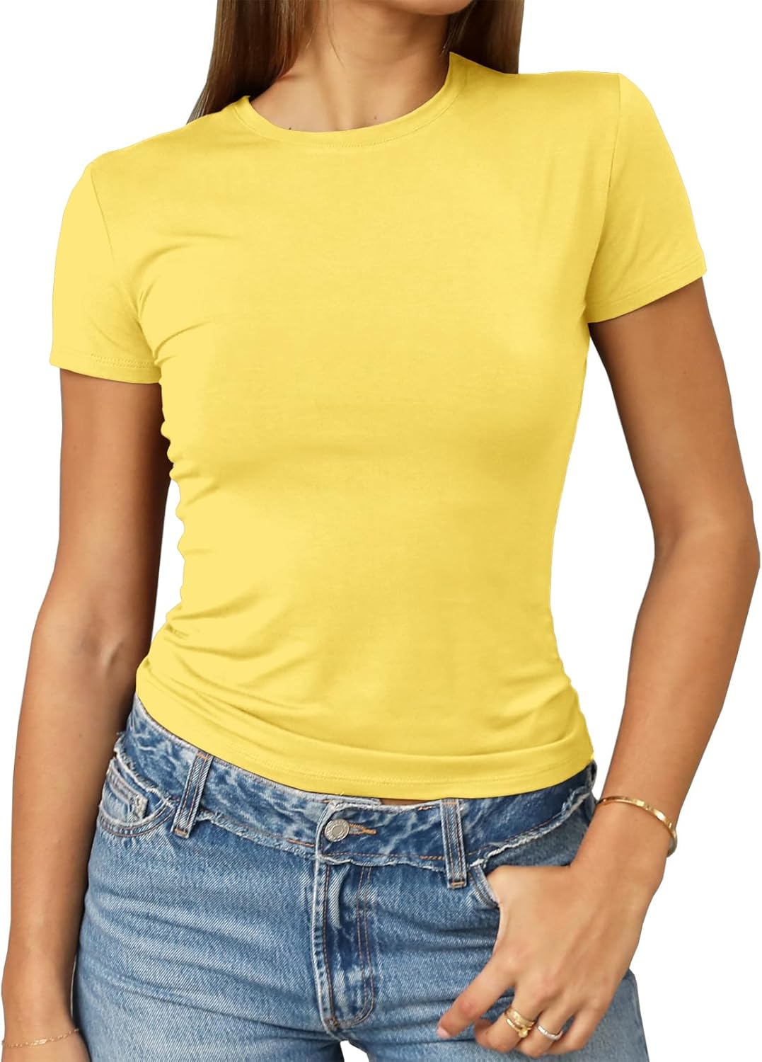 Abardsion Women's Casual Basic Going Out Crop Tops Slim Fit Short Sleeve Crew Neck Tight T Shirts 2025