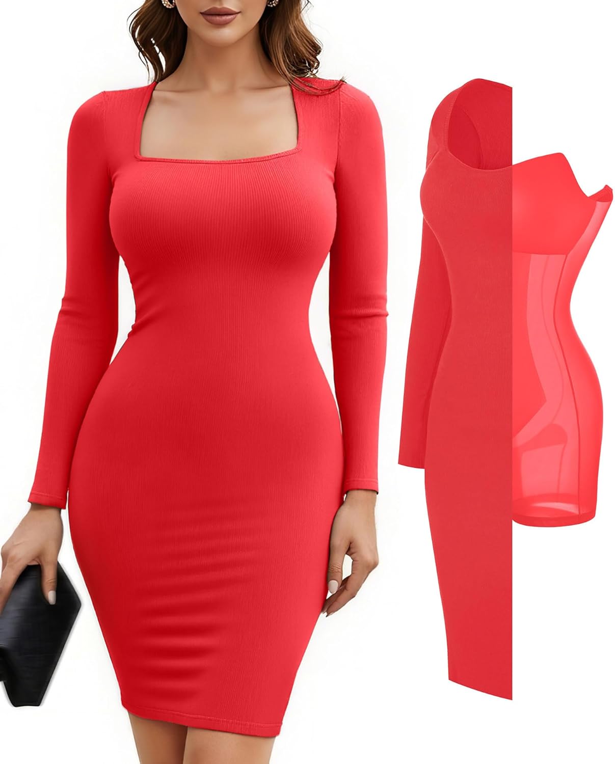 Popilush Dress Long Sleeve Midi Bodycon Dresses for Women Square Neck Shapewear Tummy Control Built-in Bra Party