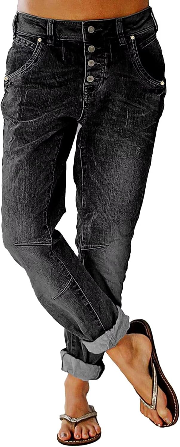 Flamingals Women's Stretchy Straight Leg Casual Low Rise Jeans Wash Button Fly Stitch Detail 90s Trendy Denim Jeans