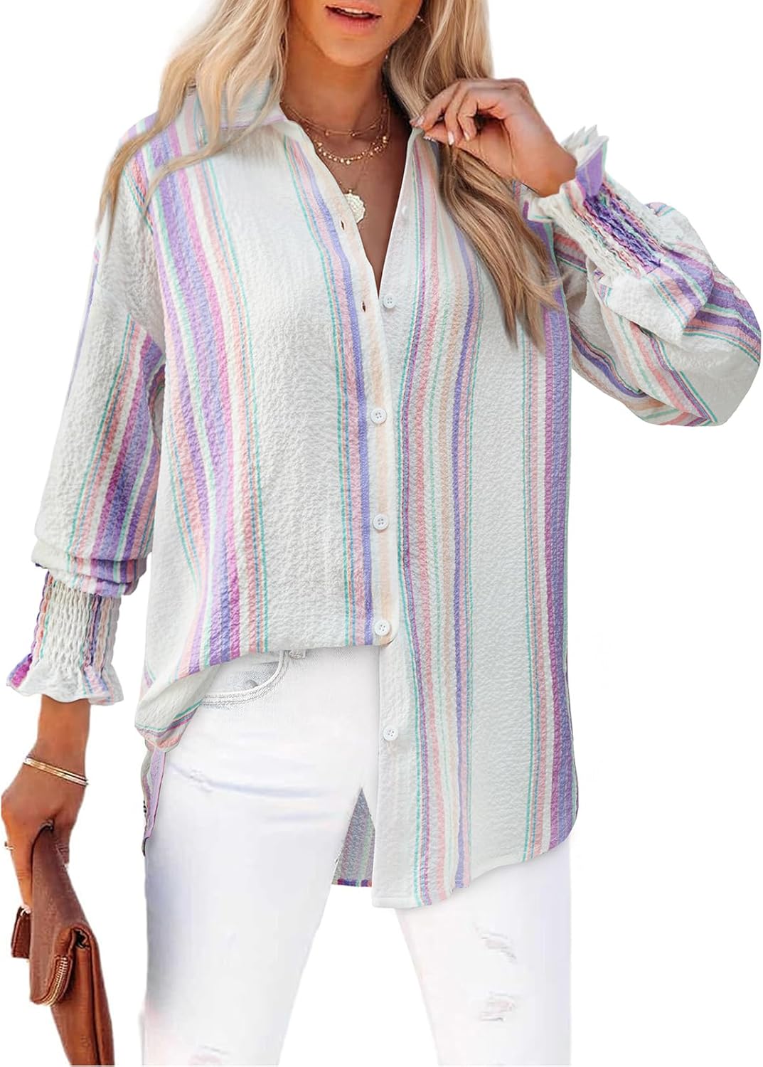 Women's Striped Button Down Shirts Long Sleeve Smocked Cuffed Oversized Boyfriend Blouses Collared Work No Pockets Tops