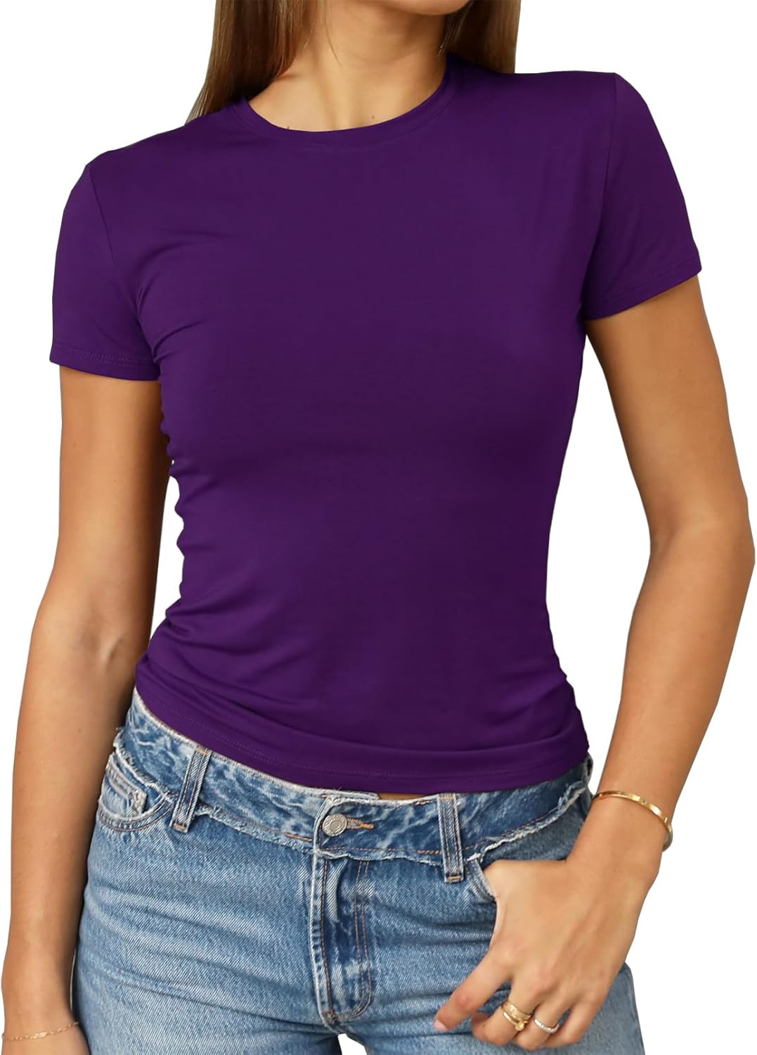 Abardsion Women's Casual Basic Going Out Crop Tops Slim Fit Short Sleeve Crew Neck Tight T Shirts 2025