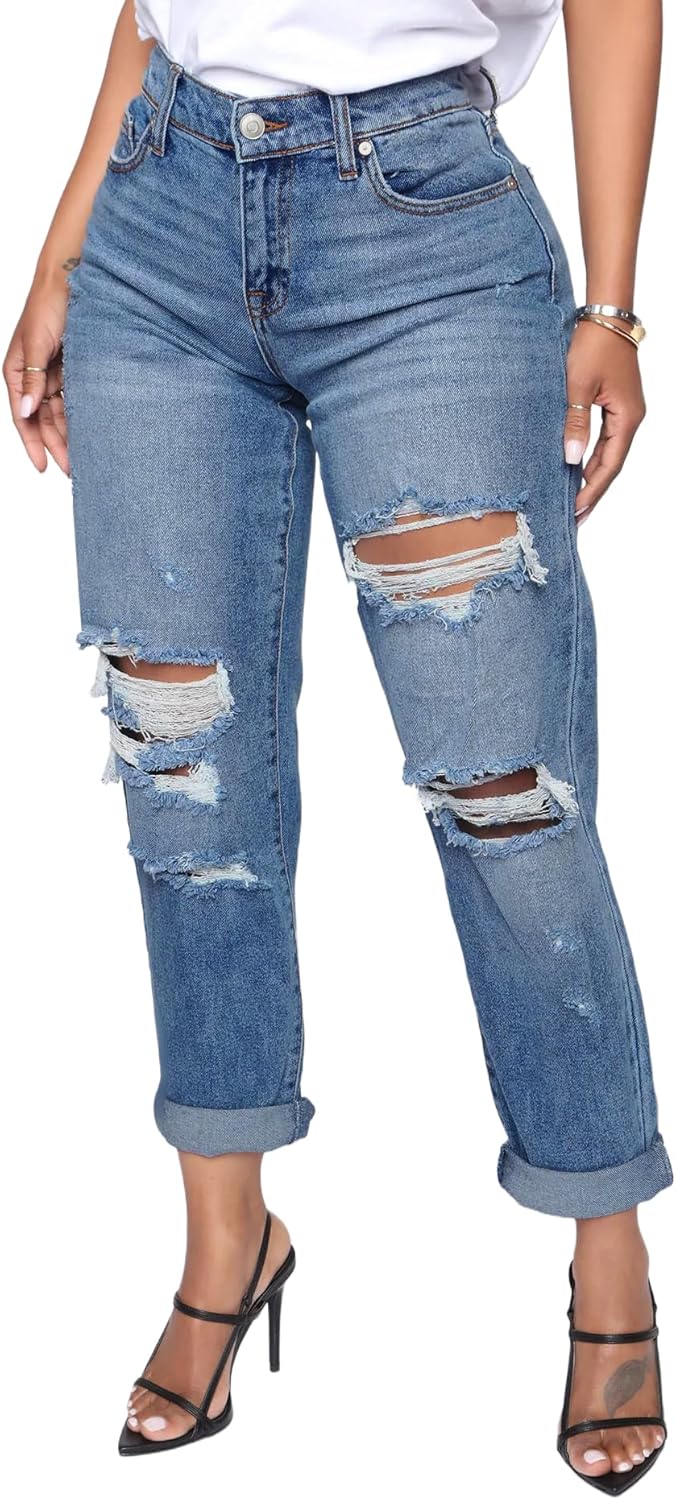 BessCops Women's Boyfriend Jeans Stretchy Ripped Distressed Denim Mom Jean Pants