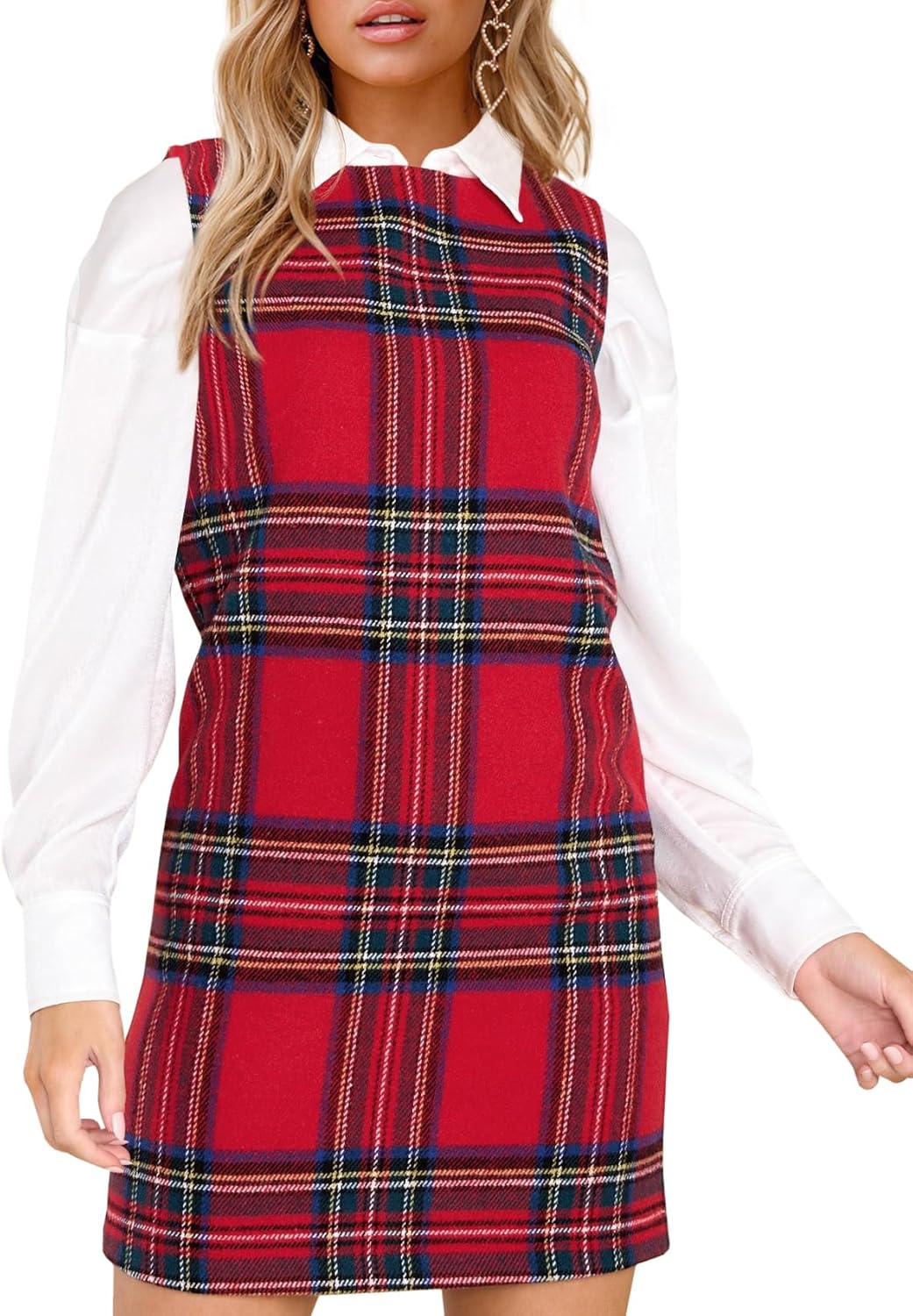 Fisoew Women's Plaid Christmas Dress Mini Sleeveless Round Neck A Line Short Xmas Party Dresses