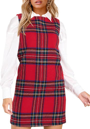 Fisoew Women's Plaid Christmas Dress Mini Sleeveless Round Neck A Line Short Xmas Party Dresses