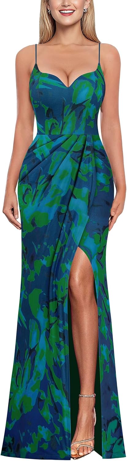 VFSHOW Womens Sexy Formal Ruched Fitted High Slit Bodycon Maxi Dress Spaghetti Strap Sweetheart Cocktail Prom Evening Gown