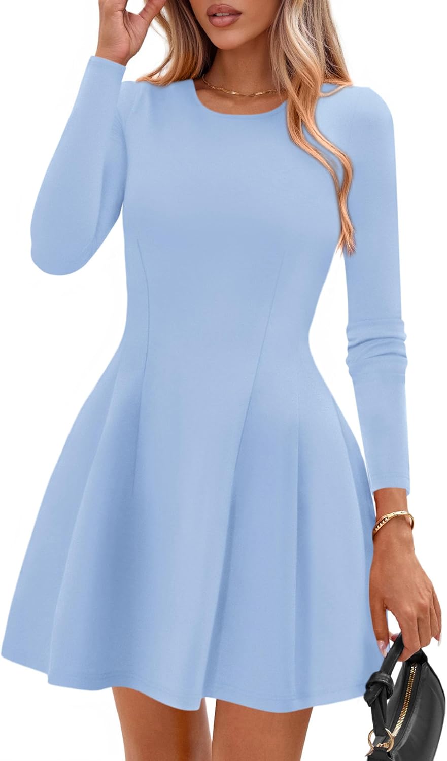 PRETTYGARDEN Long Sleeve Mini Dress for Women 2025 Fall Crewneck Knit Pleated Babydoll A Line Soft Casual Short Party Dresses