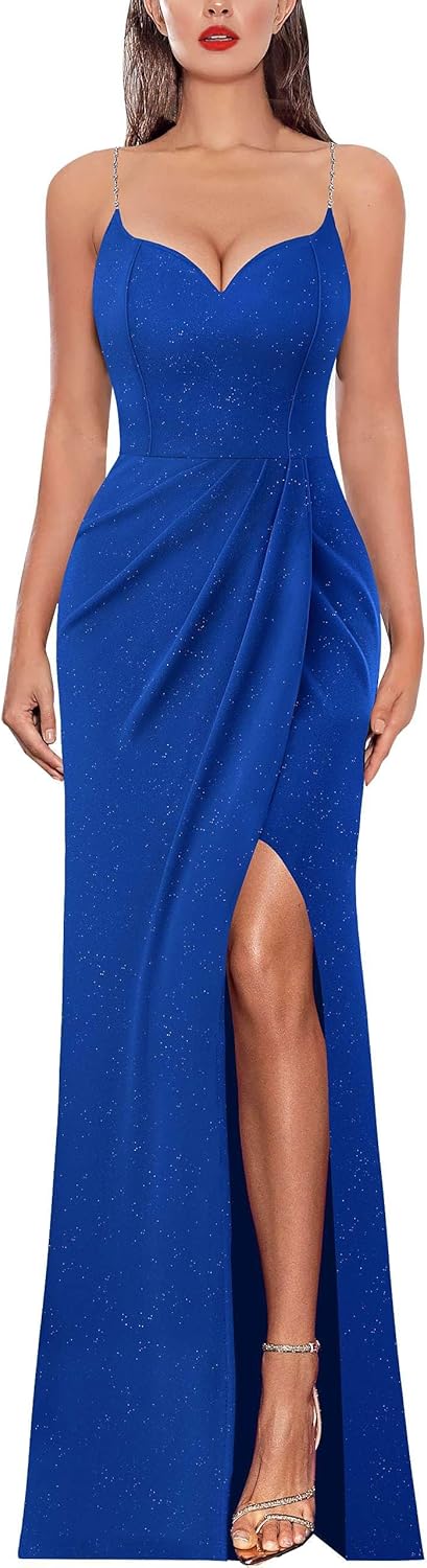 VFSHOW Womens Sexy Formal Ruched Fitted High Slit Bodycon Maxi Dress Spaghetti Strap Sweetheart Cocktail Prom Evening Gown