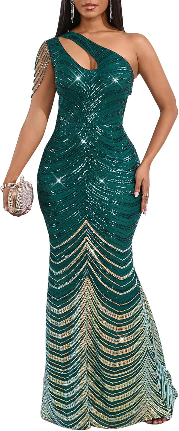 Cololura Women Sequin Elegant Sexy One Shoulder Tassel Mermaid Bodycon Cocktail Evening Dress