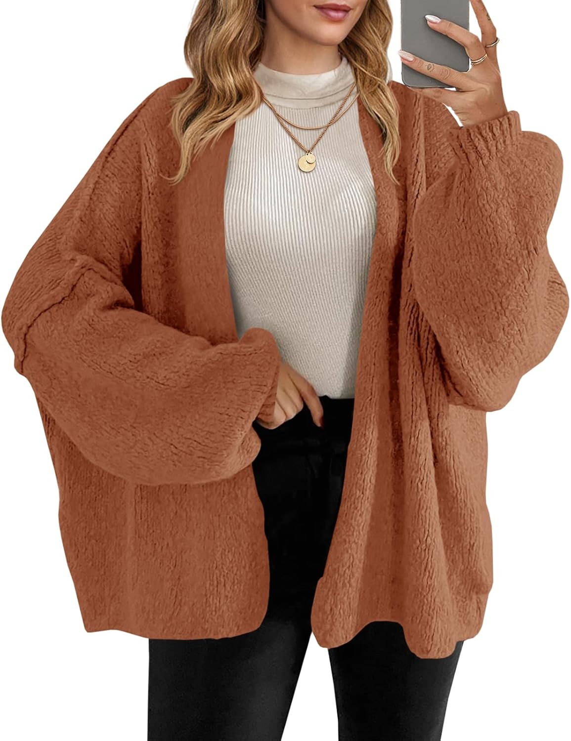 Saodimallsu Womens Oversized Cardigan Sweaters Open Front Chunky Knit Casual Long Lantern Sleeve Fall Sweater Coats