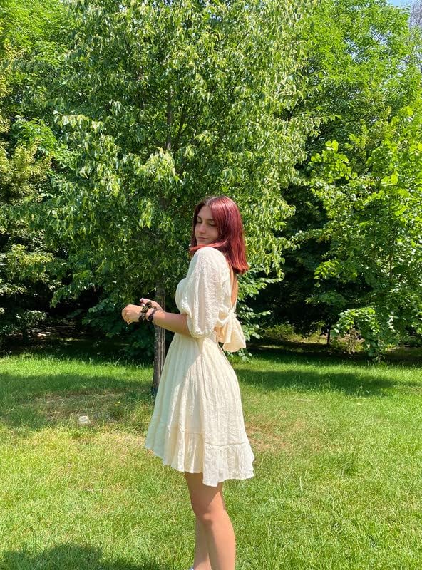 Dokotoo Womens Summer Dresses Square Neck Tie Back Lantern Sleeve Ruffle A-Line Casual Dress