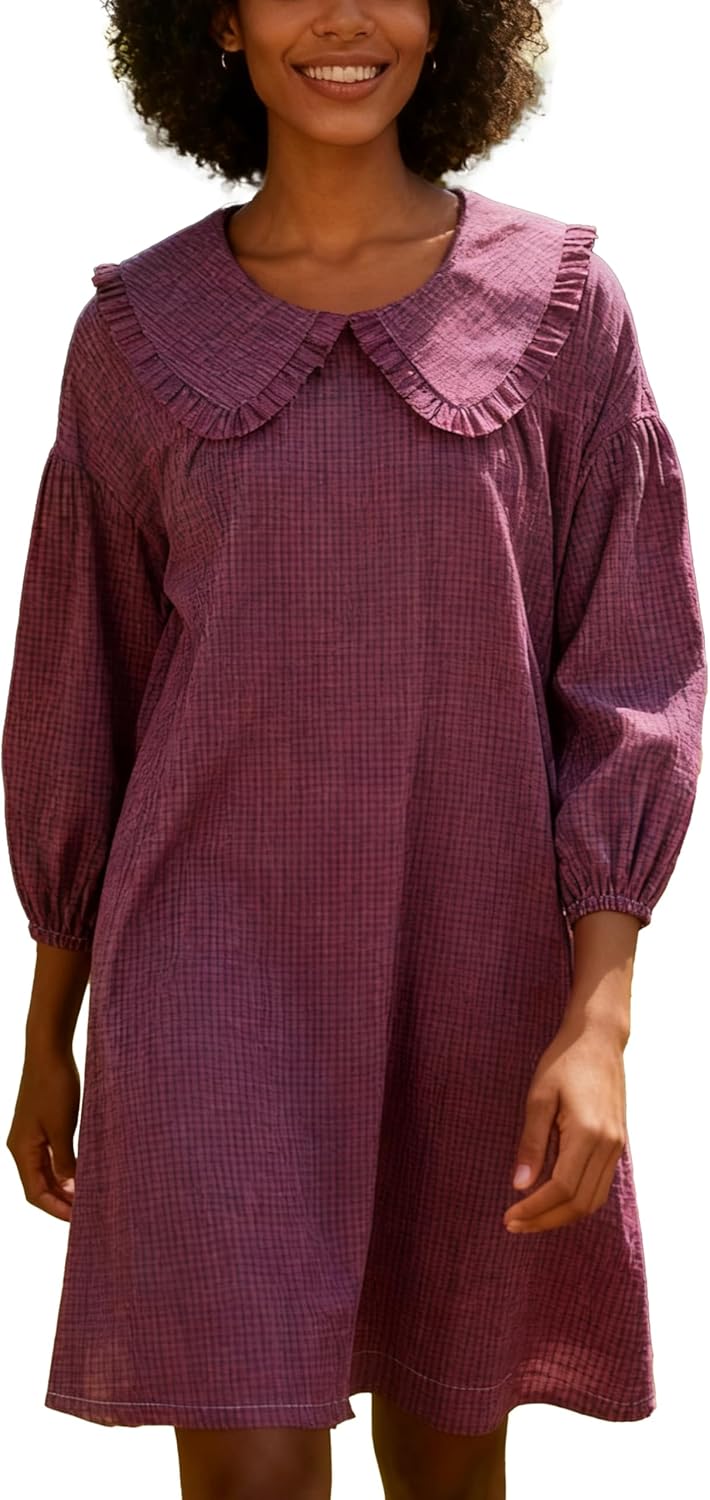 2025 Women's Babydoll 3/4 Puff Sleeve Plaid Mini Dress Lapel Doll Collar Loose Y2k Dress