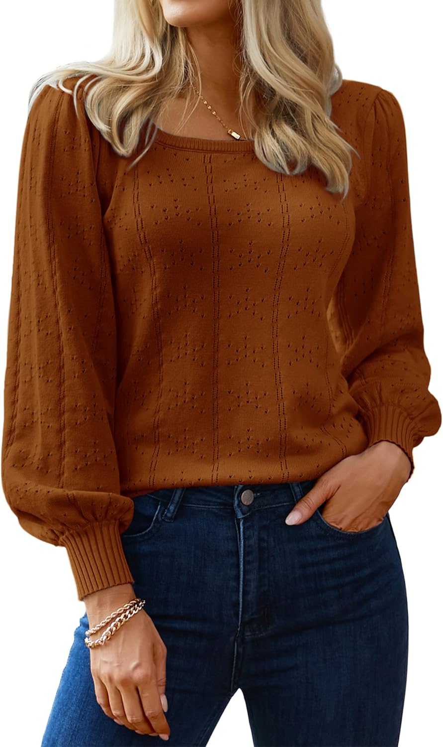 HOTOUCH Sweaters for Women 2025 Fall Trendy Tops Casual Puff Sleeve Square Neck Cute Tunic Pullover Blouses XS-XXL