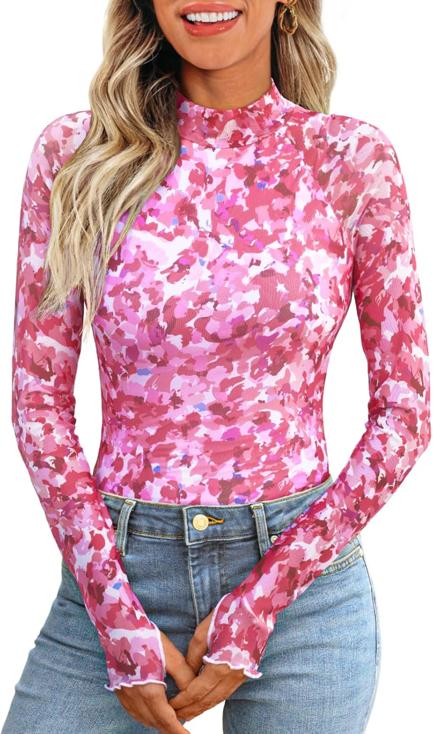 Dealmore Lace Sheer Long Sleeve Floral Mesh Mockneck Trendy Cute Going Out Tops for Women Fall Fashion Outfits 2025 Clothes