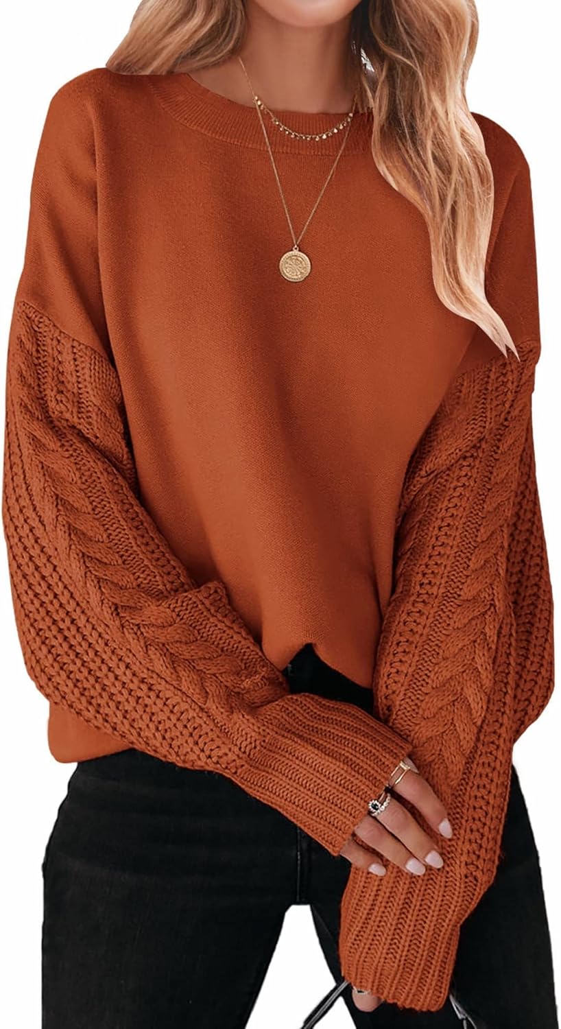 ZESICA Women's 2025 Fall Long Sleeve Crew Neck Solid Color Cable Knit Chunky Casual Oversized Pullover Sweater Tops